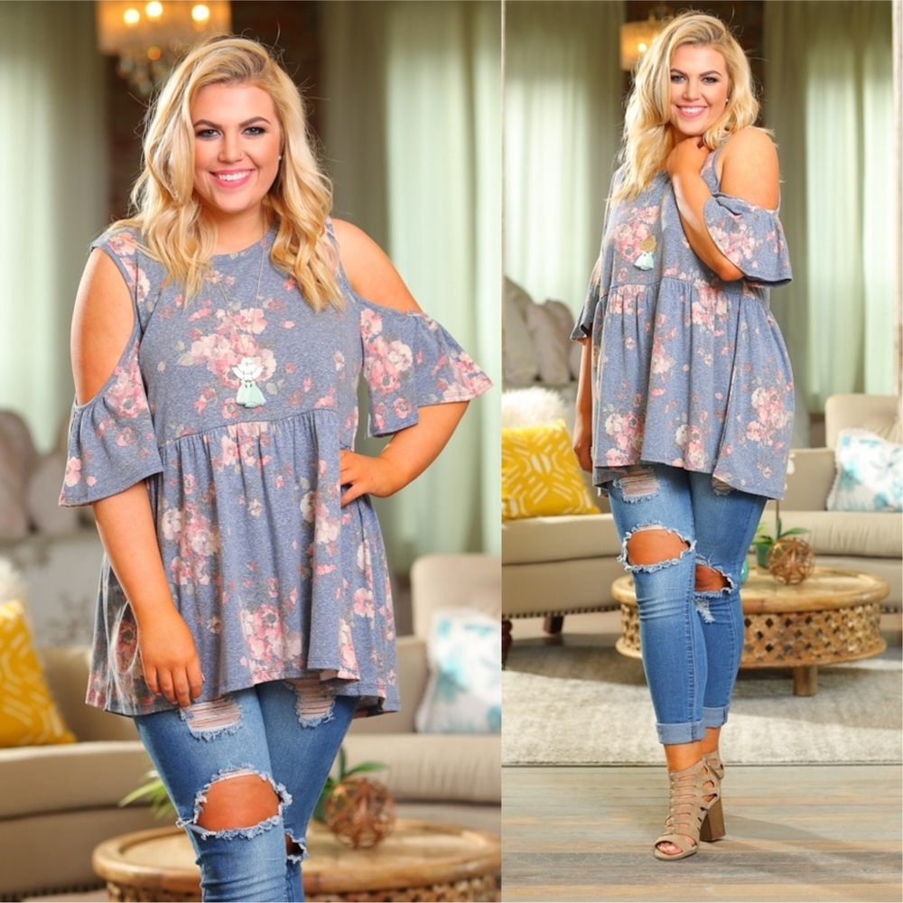 PLUS  Blue Vintage Wash Floral Cold Shoulder Top - Picture 2 of 3
